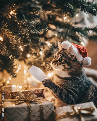 Festive kitten in santa hat celebrates christmas and new year amid gifts under tree hold white plain paper perfect for design layout artwork photo