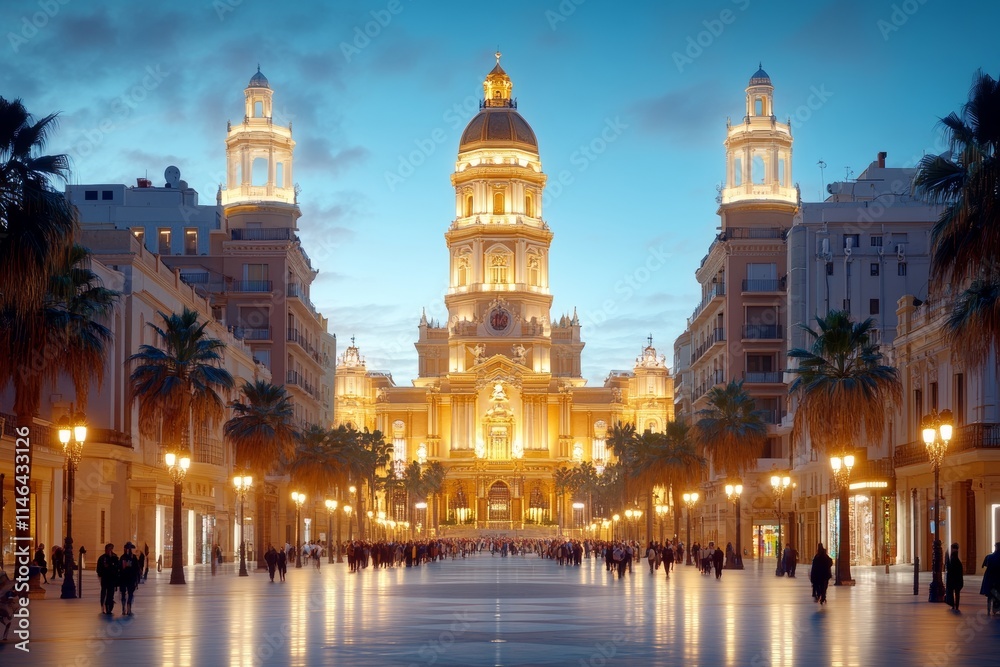 Fototapeta premium Majestuosa celebración de Semana Santa en Málaga con iluminaciones y arquitectura impresionante
