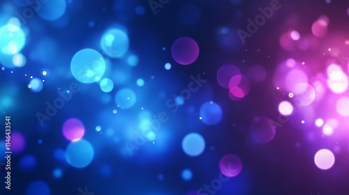 Abstract blue and purple bokeh background with glowing circles and sparkles.