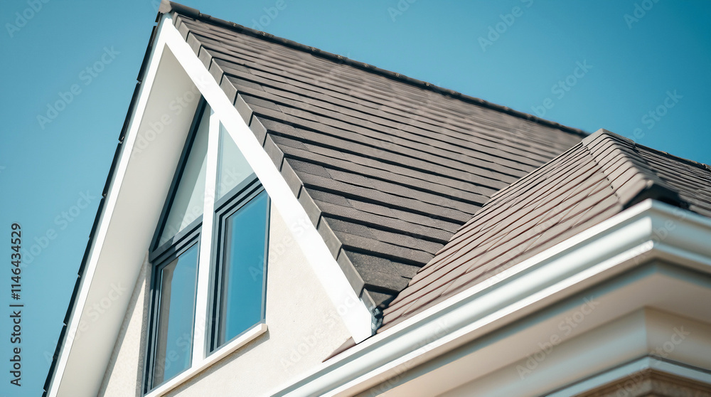 Close-up view of a house's gable roof with gray asphalt shingles, white gutters, and a white-framed dormer window with multiple panes. The background is a clear blue sky. Close-up view of a house's gable roof with gray asphalt shingles, white gutters, and a white-framed dormer window with multiple panes. The background is a clear blue sky.
