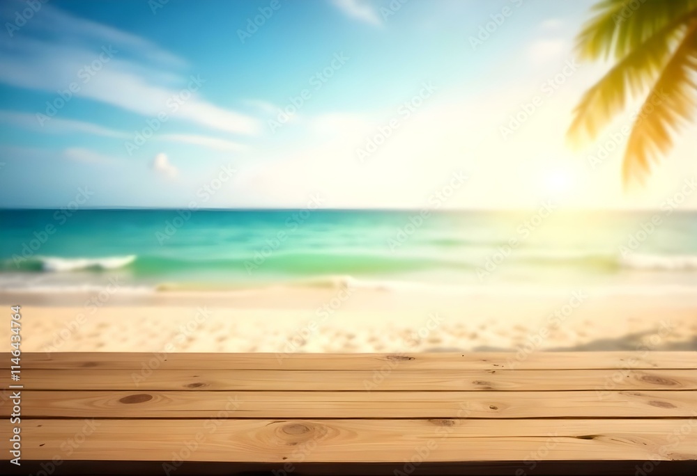 Wooden deck overlooking a serene beach with turquoise waters and a bright, hazy sky Wooden deck overlooking a serene beach with turquoise waters and a bright, hazy sky