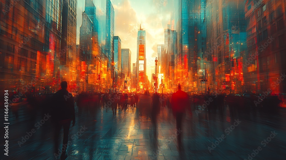 Naklejka premium City Street Sunset Urban Crowd Motion Blur