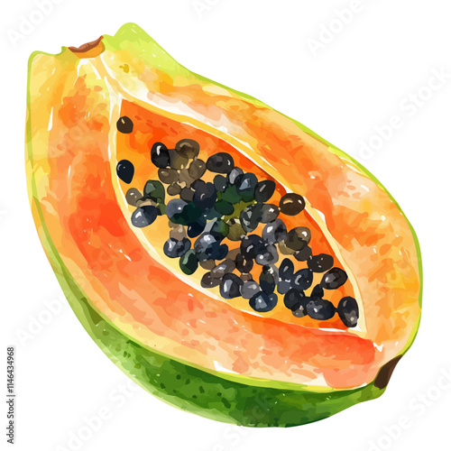 A watercolor drawing of a juicy slice of papaya with seeds, isolated on a white background. Juicy slice papaya seeds vector.
