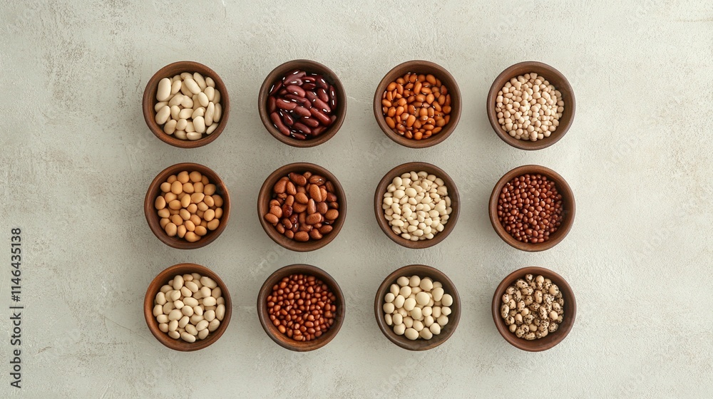 Legumes and beans assortment in different bowls on light stone table. Legumes and beans assortment in different bowls on light stone table.