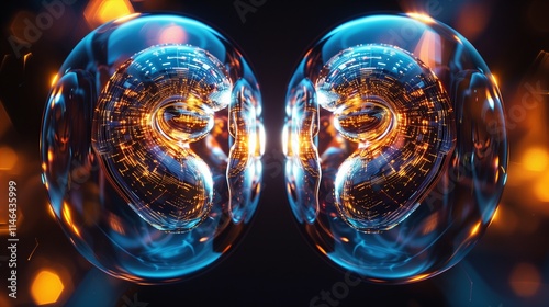 Luminous twin object resembling embryo depicted in high-tech style. Original digital 3d artwork / logo / avatar / on the subject of science or technology. Modern abstract or metaphorical design photo