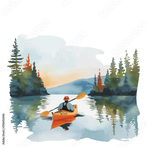 A watercolor painting of a kayak paddling through a serene lake, isolated on a white background. Kayak serene lake vector.
