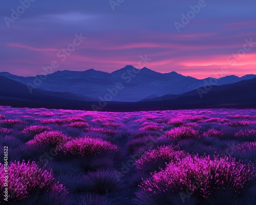 A vibrant field of purple flowers under a dramatic sunset, with mountains in the distance and a serene, magical atmosphere.