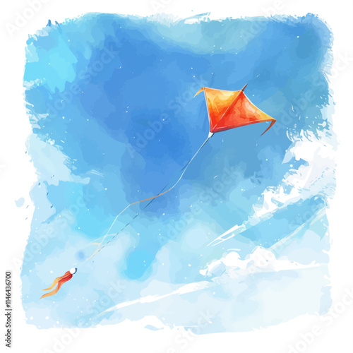 A watercolor drawing of a kite flying in a blue sky, isolated on a white background. Kite blue sky vector.
