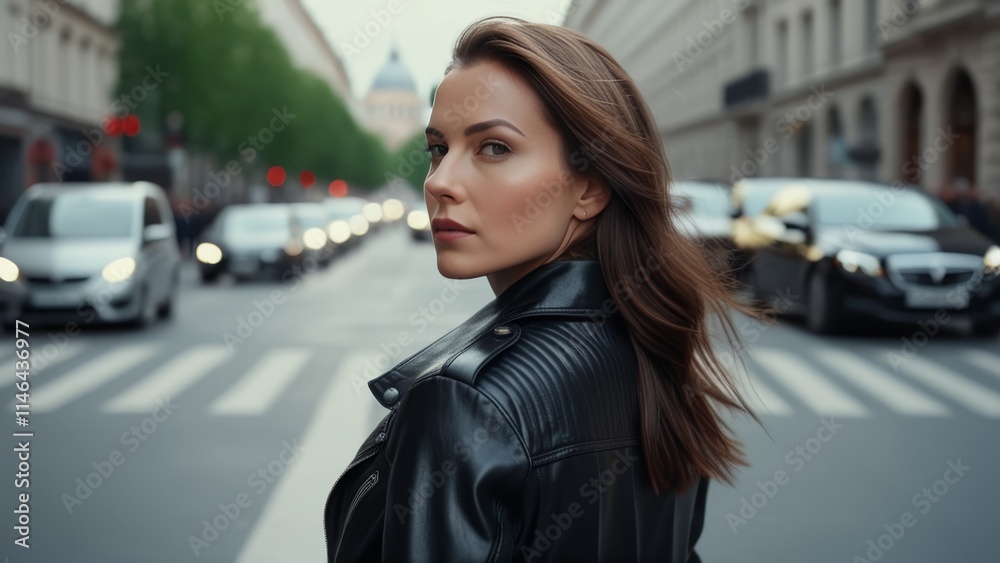 brunette's face in black leather jacket on the street looking at camera brunette's face in black leather jacket on the street looking at camera