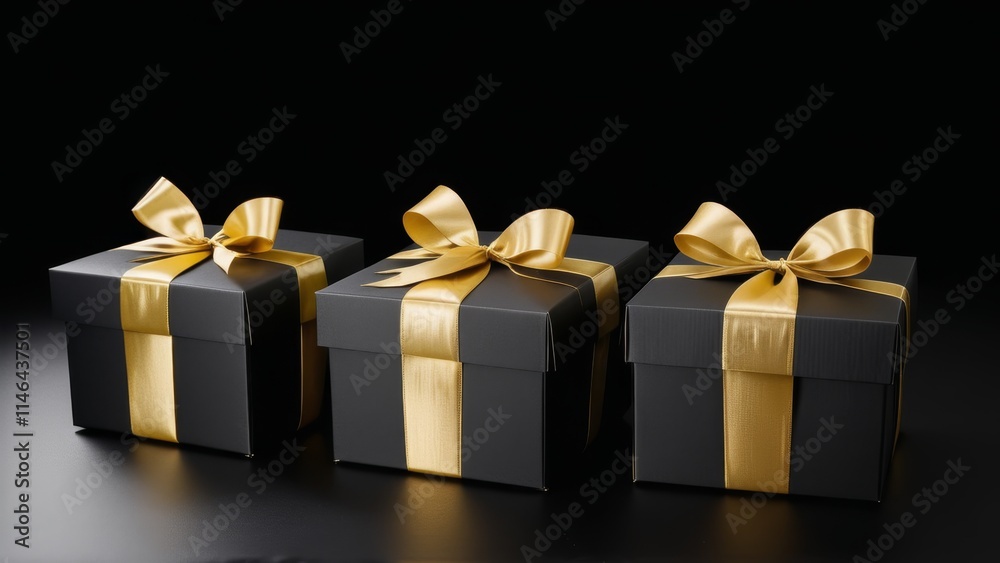 Obraz premium black gifts with gold ribbon on dark background