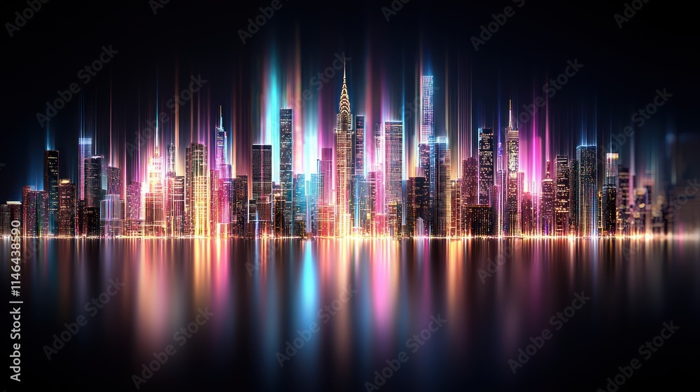 A vibrant city skyline illuminated by colorful lights, reflecting on water, creating a futuristic and dynamic atmosphere at night. A vibrant city skyline illuminated by colorful lights, reflecting on water, creating a futuristic and dynamic atmosphere at night.