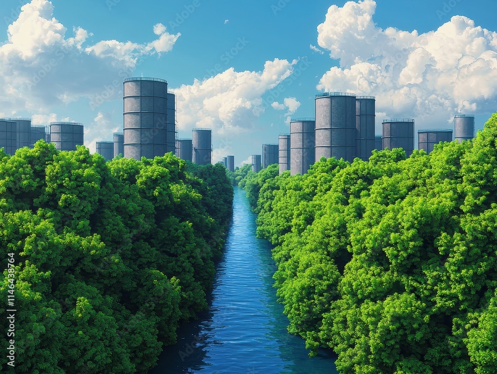 Fototapeta premium A lush green landscape flanked by modern skyscrapers, with a serene river flowing through the center under a bright blue sky dotted with clouds.