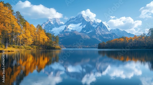 Autumnal Lake Reflecting Majestic Snow Capped Mountains