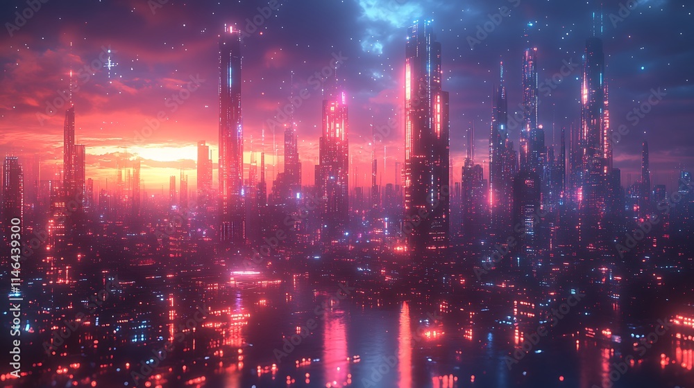 Fototapeta premium Futuristic Cityscape at Sunset Glowing Neon Lights