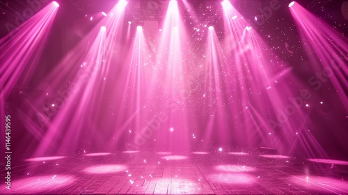 Pink spotlight stage background. Disco party projector light concert or show scene. Magic beam glow for nightclub or award winner with confetti glitter. Congratulation performance bg for celebrity