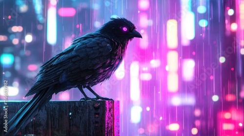 Cyberpunk Raven in Neon Rain: A Digital Art Masterpiece photo