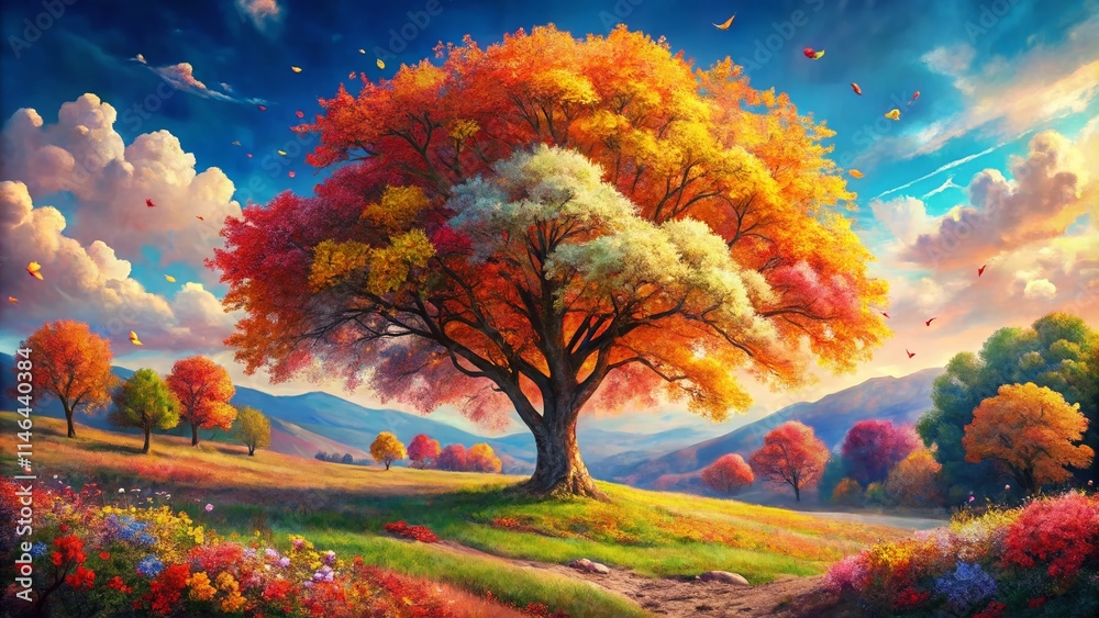 Autumn Tree Bloom, Colorful Flowers, Vibrant Nature, Oil Painting, Fall Foliage Autumn Tree Bloom, Colorful Flowers, Vibrant Nature, Oil Painting, Fall Foliage