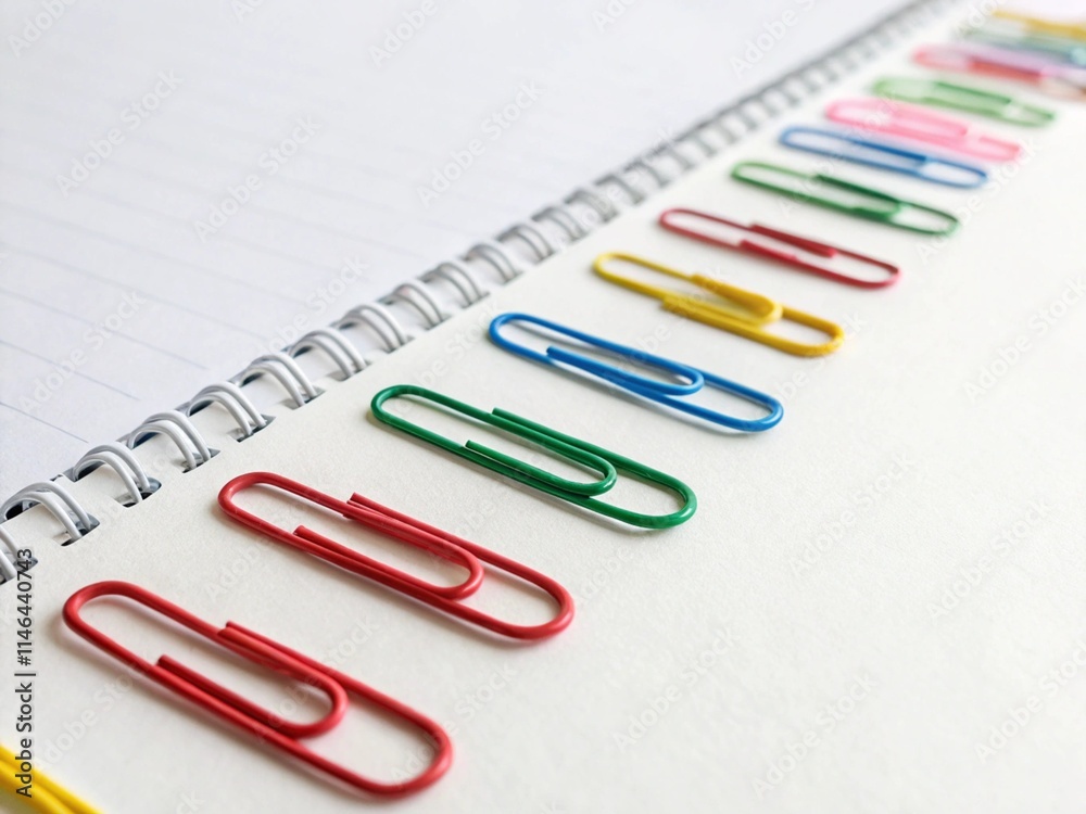 Colorful paper clips arranged on a blank spiral notebook highlighting organization and office supplies for productive work. clips on white background Colorful paper clips arranged on a blank spiral notebook highlighting organization and office supplies for productive work. clips on white background