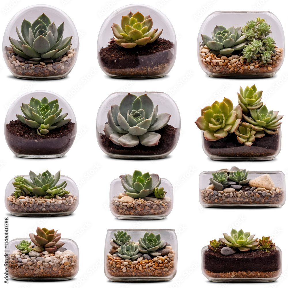 Succulents beautifully arranged in glass containers showcasing unique plant varieties and their natural textures Succulents beautifully arranged in glass containers showcasing unique plant varieties and their natural textures