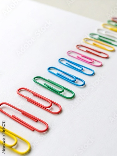 Colorful paper clips arranged in a neat line on a white surface for organization and creative projects. clips on white background