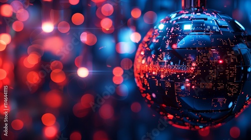 Robotic Christmas ball. Symbol of 2019 New Year of innovations, science and high technologies. Holiday cover with Xmas lights for poster, banner, placard and brochure photo