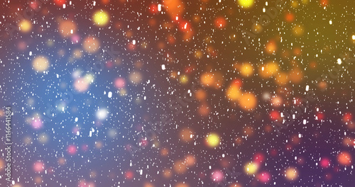 Cinematic Christmas Snowfall colorful New Year lights bg. Slowly falling snow flakes over colorful bokeh particles shimmering through it. Sales invitation and award music show starting concept. © PhoenixStock