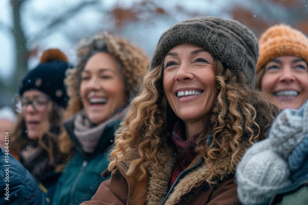 Group of women having fun in the park during a snowfall. Group of women having fun in the park during a snowfall.