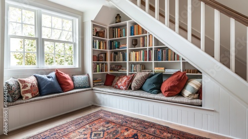 Cozy reading nook under staircase with built-in bookshelf and window seat.