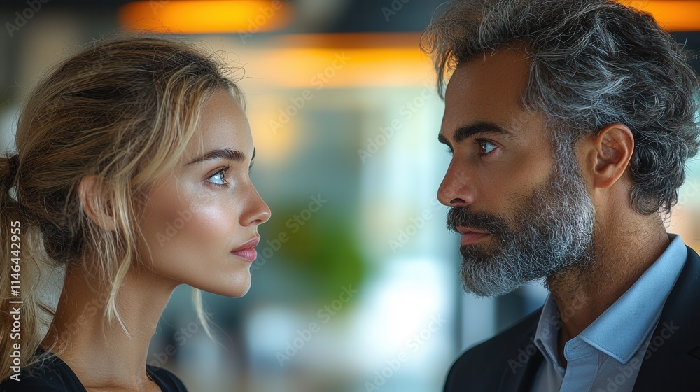 Engaging conversation between a man and a woman in a modern indoor setting with warm lighting and a focus on their intense expressions Engaging conversation between a man and a woman in a modern indoor setting with warm lighting and a focus on their intense expressions