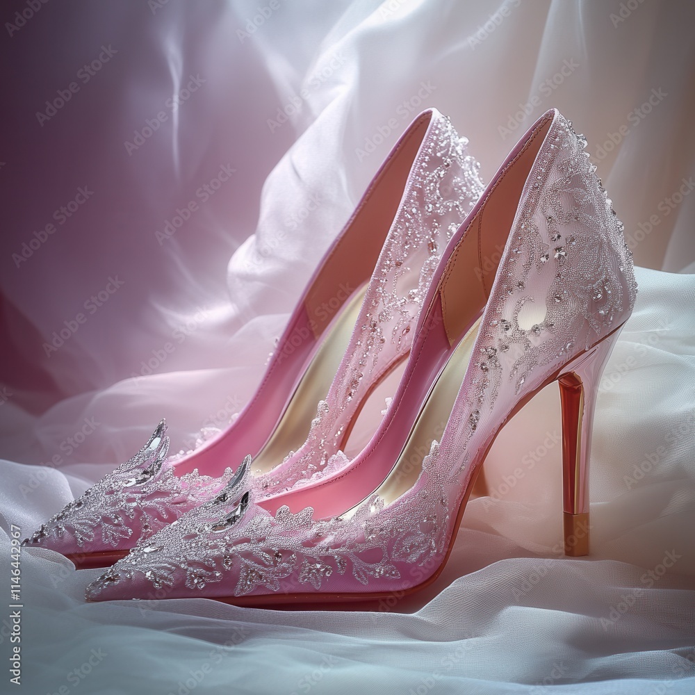 Obraz premium Elegant pink high heels adorned with intricate lace and embellished details showcased against a soft fabric backdrop