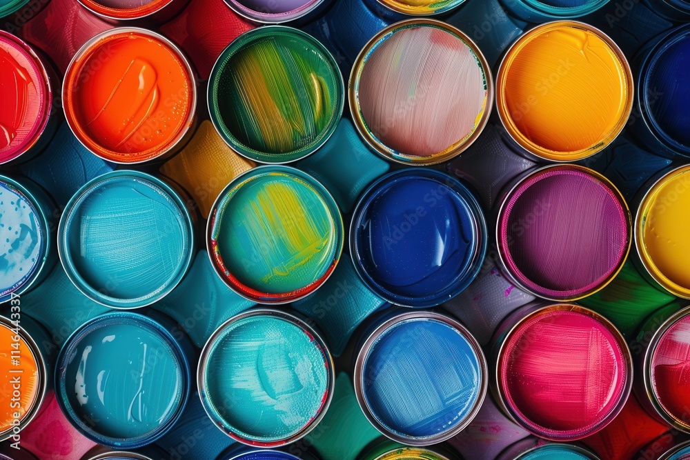 Variety of vibrant paint cans arranged in a colorful pattern showcasing an array of hues and tones for artistic projects in a creative workspace