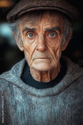 Portrait of an elderly man with deep wrinkles and expressive eyes captured in warm lighting, revealing his life experiences and wisdom