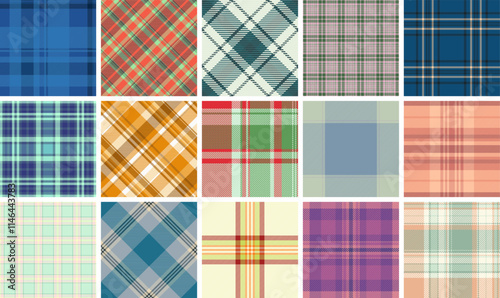 A vibrant plaid collection with gingham-inspired checks and celtic motifs, great for fabric and textile prints in fashionable colors.
