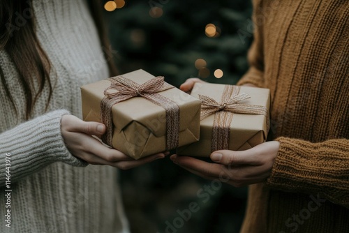 Cozy holiday gift exchange between two individuals, showcasing beautifully wrapped presents in warm tones against a festive backdrop of subtle lights and greenery.