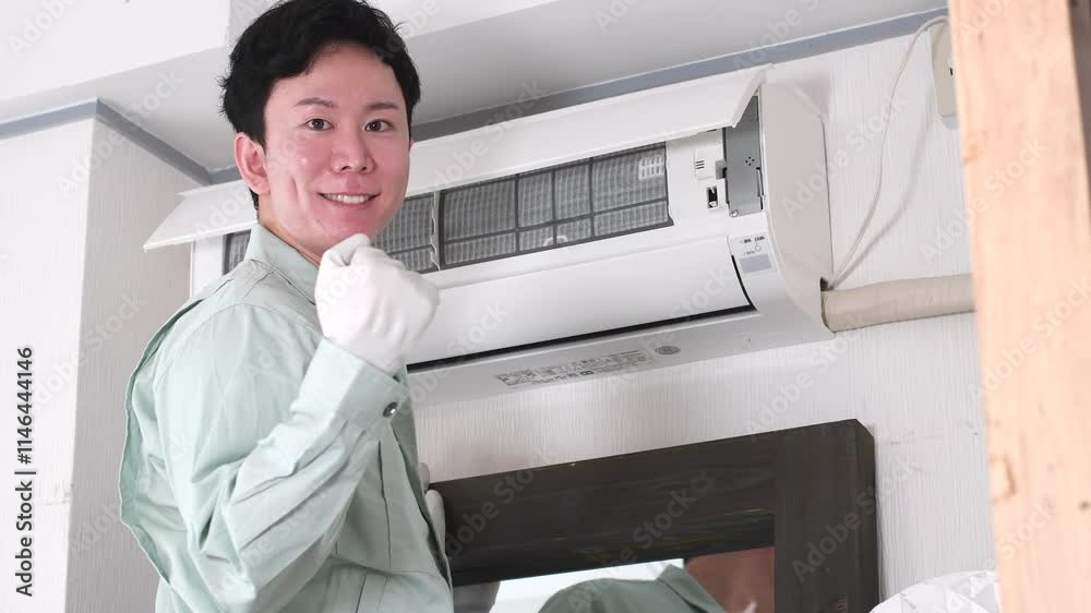 エアコンの前でガッツポーズする男性作業員 エアコンの前でガッツポーズする男性作業員