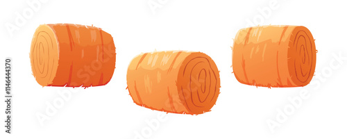 Set of cartoon isolated illustration of three hay bales with clean lines and warm colors on white background. Agricultural designs, farm-themed projects, seasonal decor, farming and rural life.