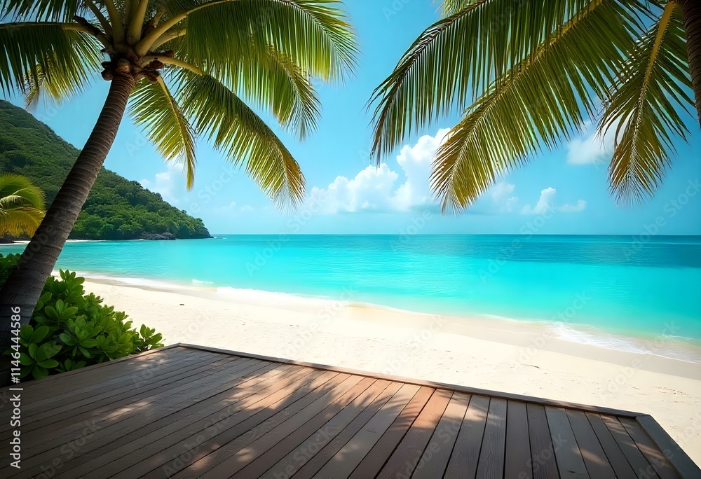 Wooden deck overlooking a tropical beach with palm trees and a turquoise ocean in the background Wooden deck overlooking a tropical beach with palm trees and a turquoise ocean in the background