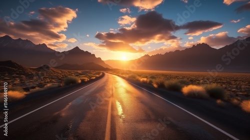 Serene Sunset Over Asphalt Road Through Majestic Mountain Landscape Under Vibrant Sky with Clouds