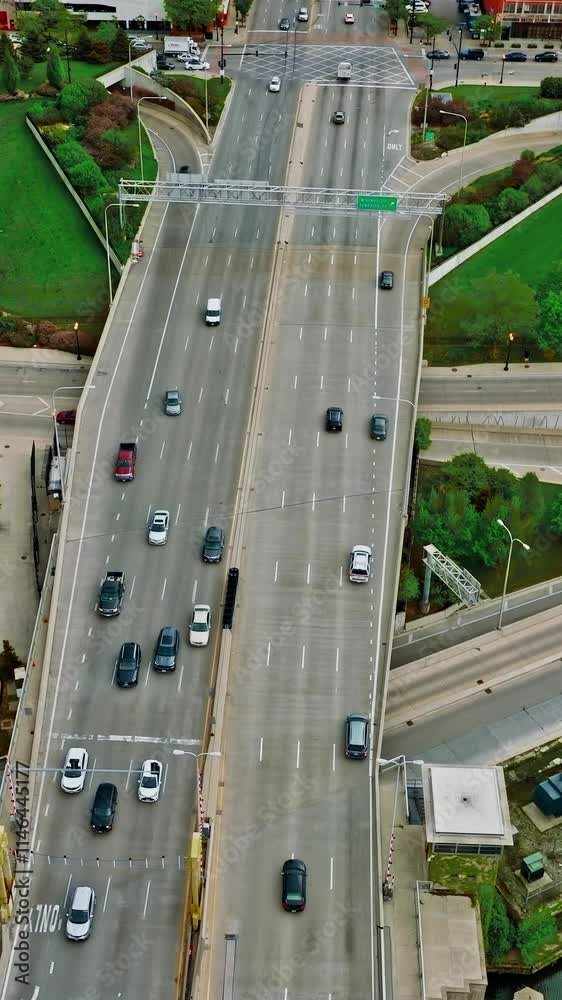 Aerial view of traffic on Chicago highways amidst green landscapes Aerial view of traffic on Chicago highways amidst green landscapes