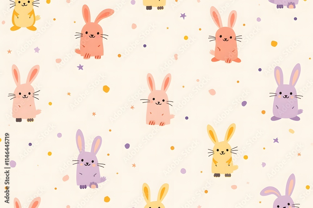 Cute bunny pattern featuring adorable rabbits in various colors on a soft pastel background Cute bunny pattern featuring adorable rabbits in various colors on a soft pastel background