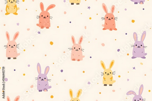 Cute bunny pattern featuring adorable rabbits in various colors on a soft pastel background