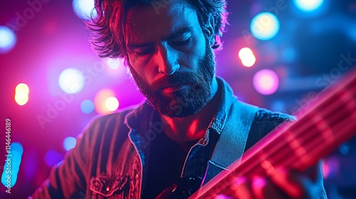 Bearded man playing bass guitar on stage, illuminated by colorful stage lights.