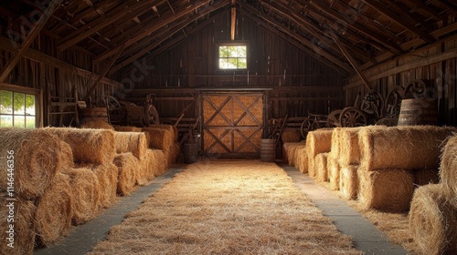 A barn with hay stacked in rows