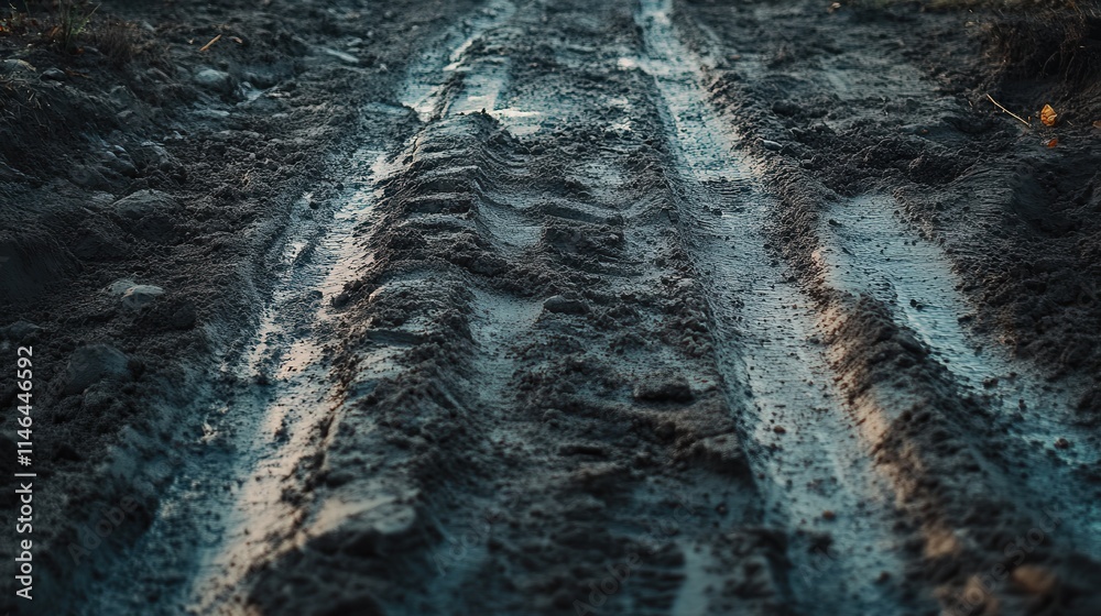 Ruts in the muddy ground create a natural path reflecting the changing light of dusk. Generative AI Ruts in the muddy ground create a natural path reflecting the changing light of dusk. Generative AI