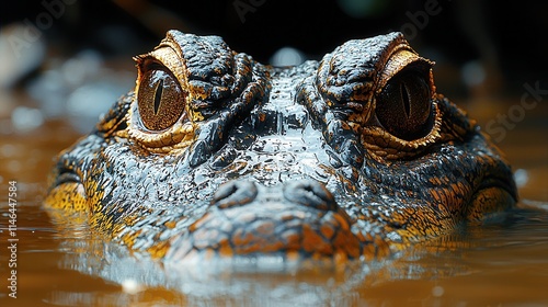 Close-up view of a crocodile partially submerged in muddy water during the early morning hours in a tropical habitat