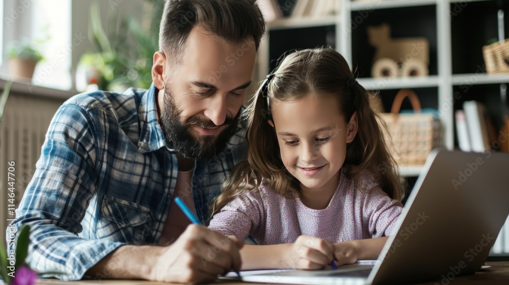 Happy father and daughter drawing together at home, using laptop. Happy father and daughter drawing together at home, using laptop.