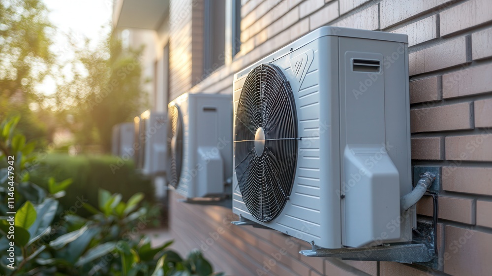 Cooling systems efficiently provide comfort on a warm summer afternoon in a residential area. Generative AI Cooling systems efficiently provide comfort on a warm summer afternoon in a residential area. Generative AI
