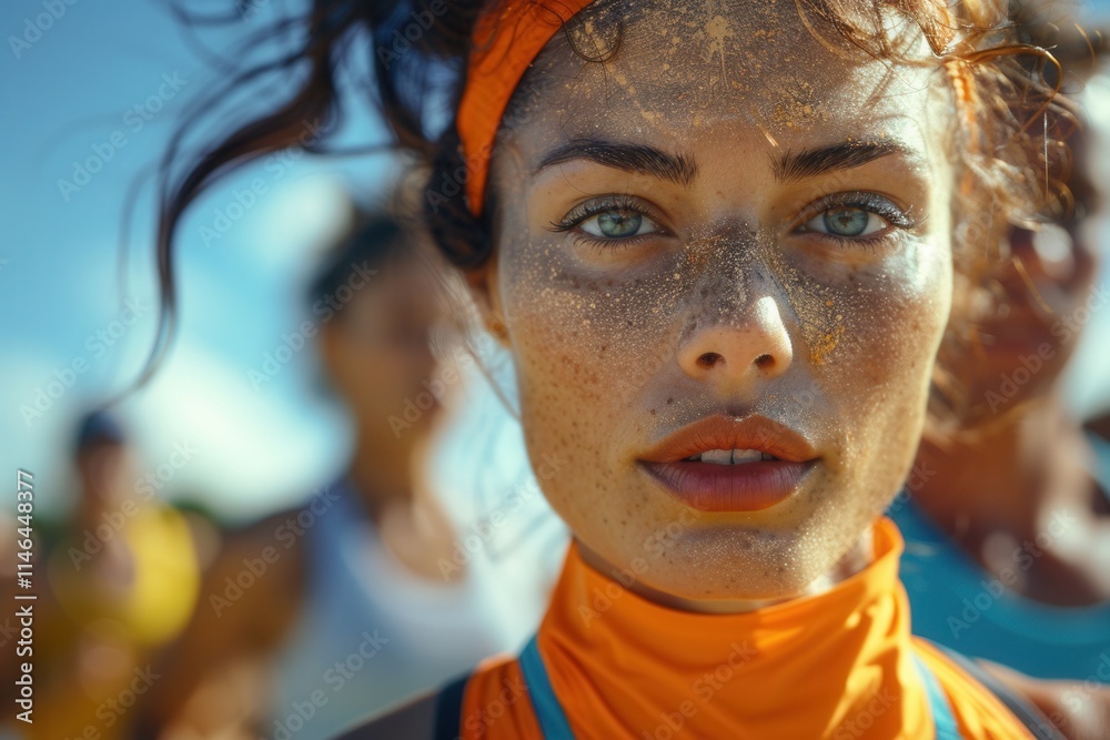 Woman with vibrant orange headband and sandy face captures attention during an outdoor running event under a bright blue sky Woman with vibrant orange headband and sandy face captures attention during an outdoor running event under a bright blue sky