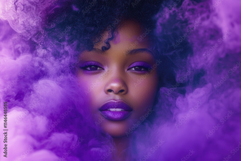 Captivating portrait of a woman surrounded by purple smoke highlighting her striking features and vibrant makeup Captivating portrait of a woman surrounded by purple smoke highlighting her striking features and vibrant makeup