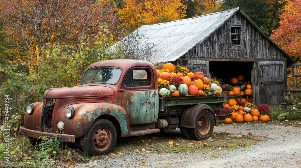 Fototapeta premium An old truck is parked in front of a barn